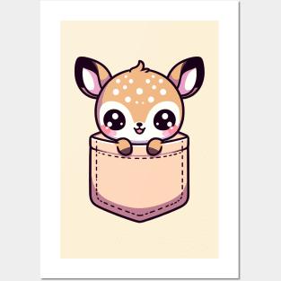 Kawaii Baby Deer in Pocket Cute Peeking Deer Posters and Art